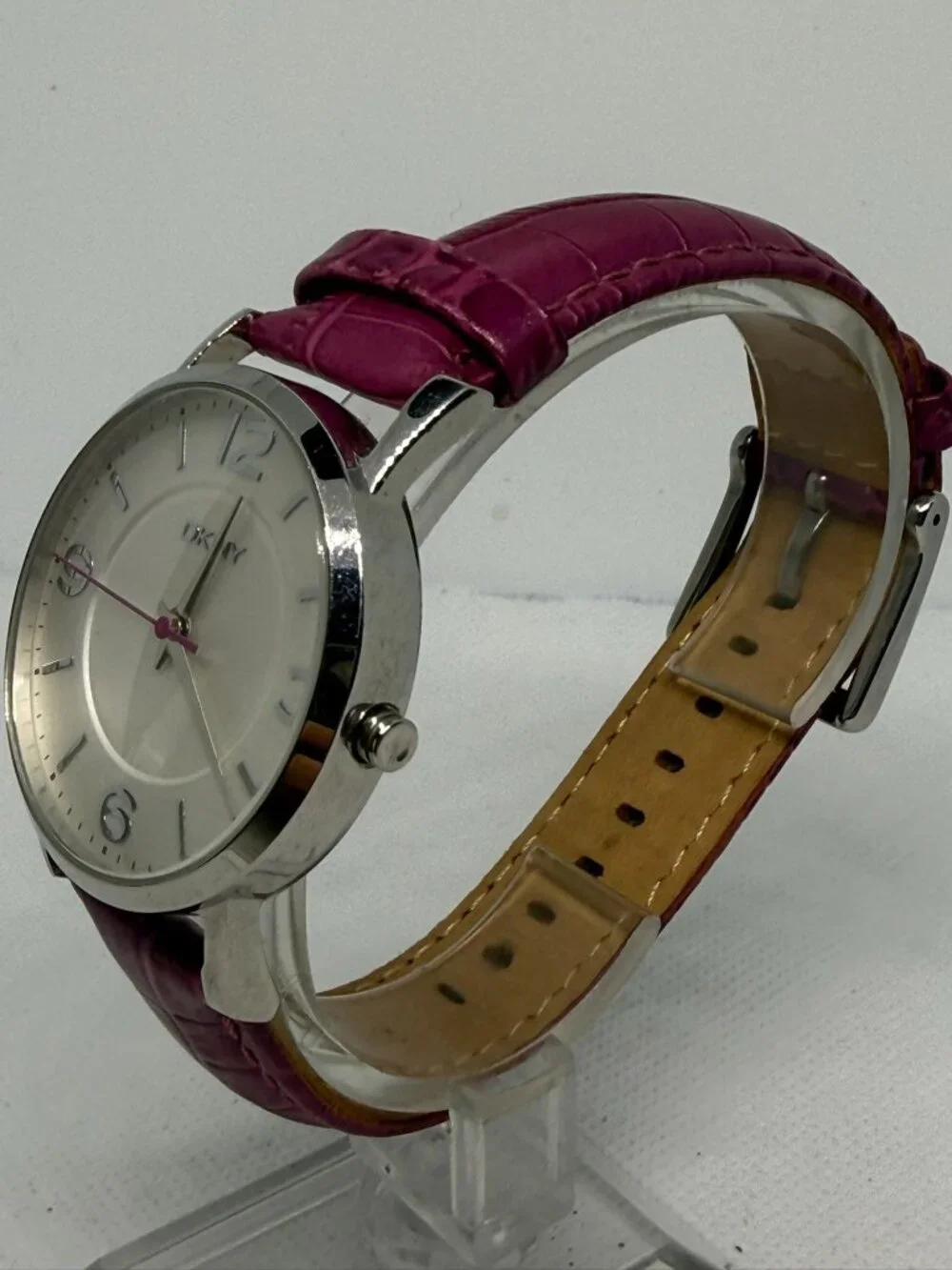 DKNY NY-8072 Ladies Watch Silver-Tone Dial Purple Crocodile Leather Strap